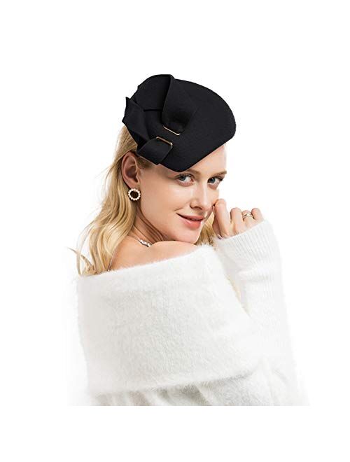 F FADVES Women Wool Derby Hat for Women Pillbox Hat Wedding Hats Felt Bowknot Fascinators