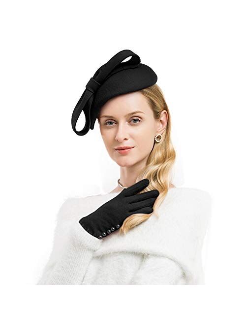 F FADVES Wool Felt Fascinator Winter Women Pillbox Hat Bowknot Kentucky Derby Fedoras