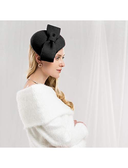 F FADVES Wool Felt Fascinator Winter Women Pillbox Hat Bowknot Kentucky Derby Fedoras