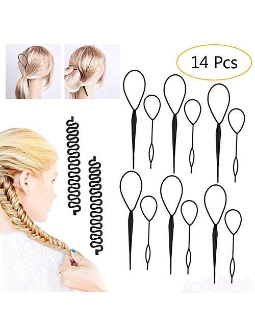 14 Pieces Topsy Tail Hair Styling Tool, Pack of 6 Pairs Topsy Turvy Hair Tool French Hair Braider Hair Braiding Tool, Hair Ponytail Pull Through Flipper Tool Hair Accesso