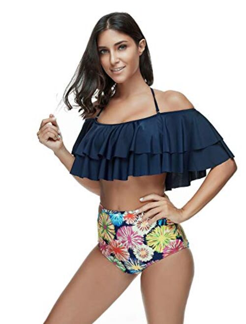 ZHYUS High Waisted Flounce Bikini Set Tummy Control Swimsuits for Women Off Shoulder (Color : E Blue, Size : M)