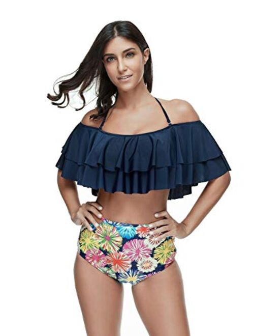 ZHYUS High Waisted Flounce Bikini Set Tummy Control Swimsuits for Women Off Shoulder (Color : E Blue, Size : M)