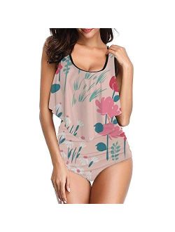 Women's Two Piece Swimsuit Sexy Halter Swimwear Flounce Top High Waist Color Block Floral Print Bikini Sets