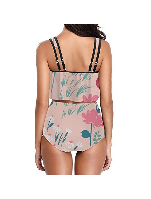 Women's Two Piece Swimsuit Sexy Halter Swimwear Flounce Top High Waist Color Block Floral Print Bikini Sets