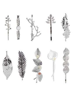 10 Pack Silver Vintage Retro Geometric Minimalist Branch Leaf Flower Metal Hair Clip Hairpin Snap Barrette Stick Claw Grip Clamp Bobby Pins Alligator Hairclips Party Hair