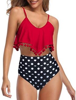 Cfgi Women High Waisted Bikini Ruffle Swimsuit Flounce Pom Pom Trim Two Piece Bathing Suit