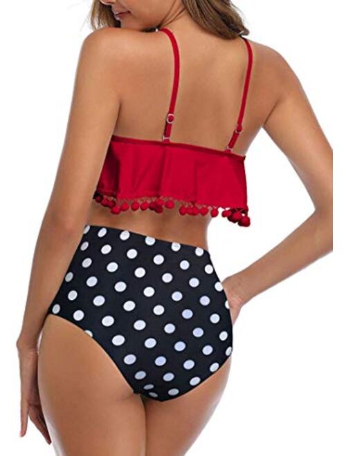 Cfgi Women High Waisted Bikini Ruffle Swimsuit Flounce Pom Pom Trim Two Piece Bathing Suit