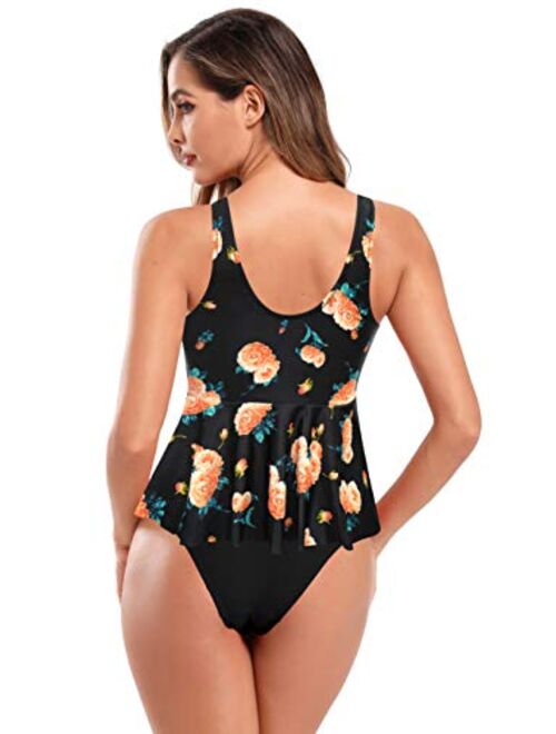 SHEKINI Women's Retro Floral Print Swimsuit V Neck Ruffle Tankini Set Bathing Suits
