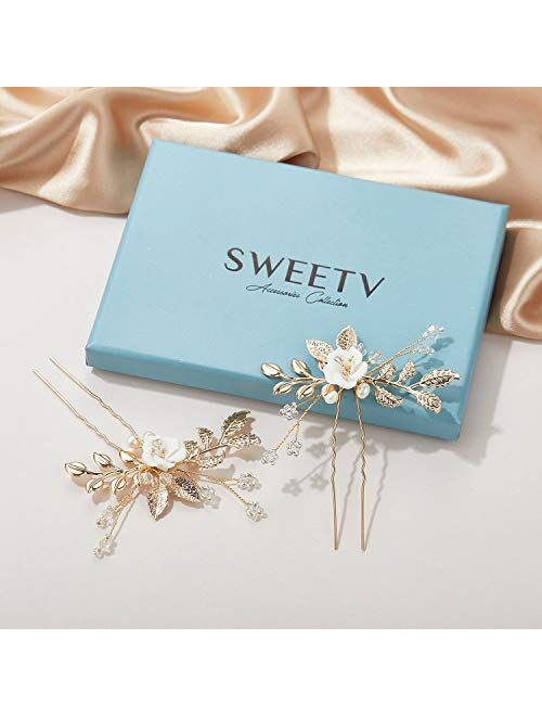 SWEETV 2Pcs Bridal Hair Accessories,Glod Wedding Hair Pins Pieces With White Flowers for Brides