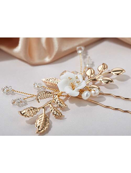 SWEETV 2Pcs Bridal Hair Accessories,Glod Wedding Hair Pins Pieces With White Flowers for Brides