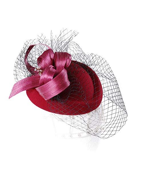 F FADVES Veil Pillbox Hat Wool Fascinator Formal Cocktail Wedding Tea Party Derby Hat