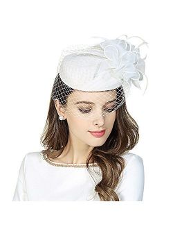 Fascinator Pillbox Hats Womens Wool Felt Hat for Church Vintage Wedding Party Cocktail hat with Veil