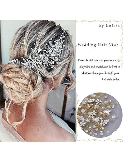 Unicra Bride Flower Wedding Hair Vine Crystal Bridal Hair Piece Rhinestone Party Hair Accessories Leaf Hair Jewelry Bead Headpiece for Women and Girls (Silver)