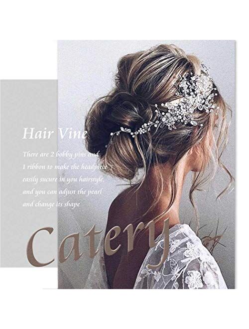 Catery Flower Bride Wedding Headband Silver Crystal Pearl Hair Vine Braid Headpiece Bridal Hair Accessories for Women (Silver)