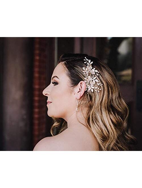 SWEETV Light Rose Gold Wedding Clip Rhinestone Bridal Comb Barrette - Handmade Flower Clip Head Pieces for Women
