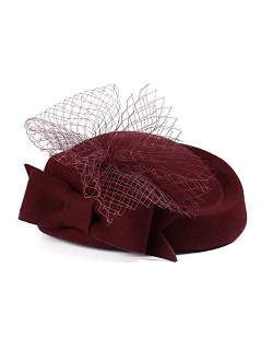 FADVES Women Fascinators Wool Pillbox Hat Formal Wedding Derby Tea Party Hat Veil