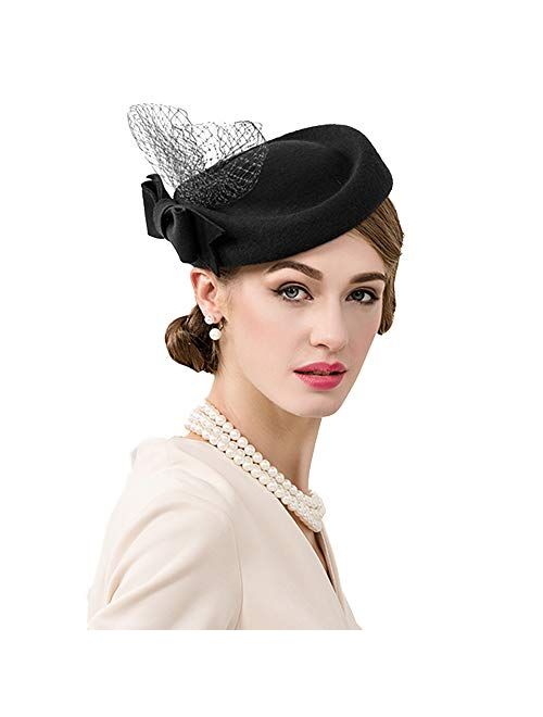 F Fadves FADVES Women Fascinators Wool Pillbox Hat Formal Wedding Derby Tea Party Hat Veil