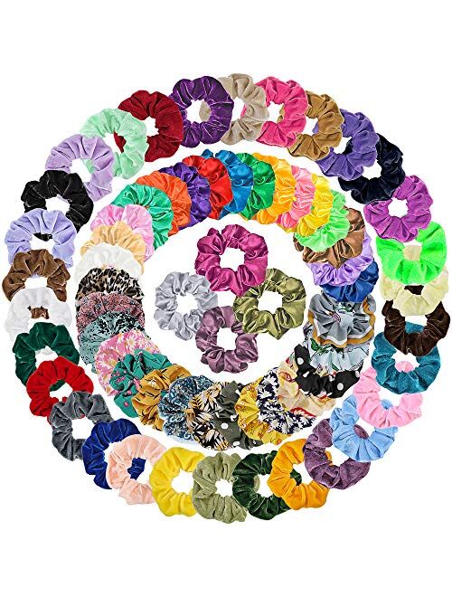 65Pcs Hair Scrunchies Velvet,Chiffon and Satin Elastic Hair Bands Scrunchie Bobbles Soft Hair Ties Ropes Ponytail Holder Hair Accessories,Great Gift for halloween Thanksg