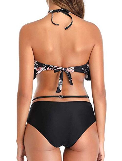 Women Two Piece Bikini Swimsuit Flounce Ruffle Halter Tie-Back Top Cutout Bottom