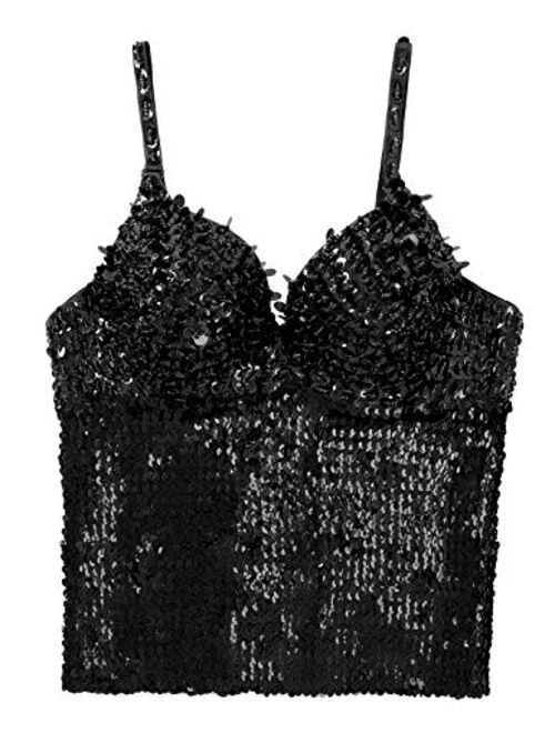 Aislor Women's Glittery Sequins Camisole Push up Padded Bustier Corset Crop Top Party Clubwear