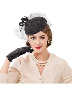 FADVES Ladies Fascinator Wool Pillbox Hats Felt Hats Party Wedding Derby Hat Veil