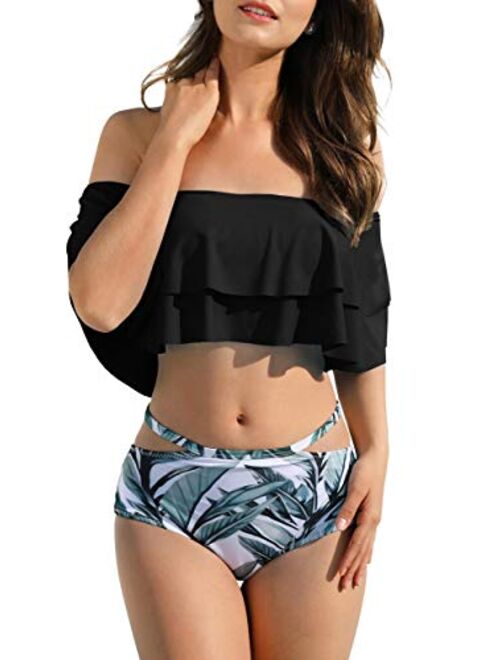 Misassy Womens Off Shoulder Ruffled Flounce 2 Piece Bikini Swimsuit High Waisted Print Cut Out Bathing Suit
