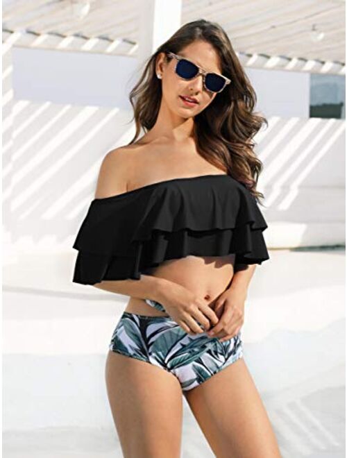 Misassy Womens Off Shoulder Ruffled Flounce 2 Piece Bikini Swimsuit High Waisted Print Cut Out Bathing Suit