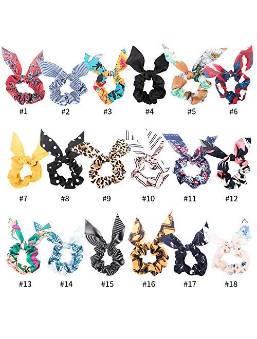 Bow Scrunchies For Hair, 18 Pcs Chiffon Satin Scrunchies Silk with Bow Scarf, Solid Stripe Flower Color Bow Scrunchies, Ponytail Holder with Tail, Rabbit Bunny Ear BowKno