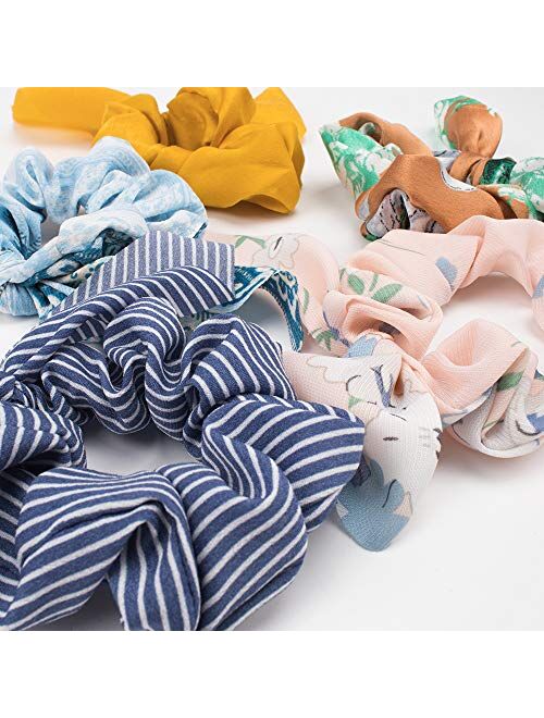 Bow Scrunchies For Hair, 18 Pcs Chiffon Satin Scrunchies Silk with Bow Scarf, Solid Stripe Flower Color Bow Scrunchies, Ponytail Holder with Tail, Rabbit Bunny Ear BowKno