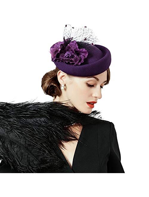 F FADVES Women's Pillbox Hat Church Derby Dress Fascinator British Tea Party Wedding Headwear