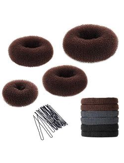 Hair Bun Maker Kit, YaFex Donut Bun Maker 4 Pieces(1 Large, 2 Medium and 1 Small), 5 Pieces Elastic Hair Ties, 20 Pieces Hair Bobby Pins, Brown