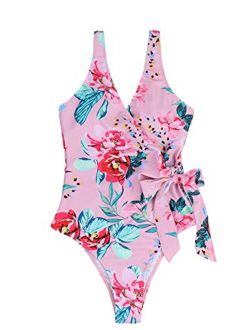 Women's Floral Print One Piece Swimsuit Wrap Bowknot Backless Bathing Suit