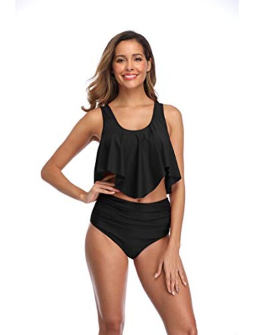 URVIP Swimsuits for Women Two Piece Bathing Suits Ruffled Flounce Top with High Waisted Bottom Bikini Set
