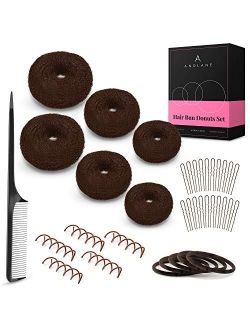 Hair Bun Maker Set - Hair Bun Donut Tools for Women - 6 Donut Bun Makers, 5 Spin Pins, 5 Elastic Bands, 20 Bobby Pins & 1 Hair Comb by Andlane