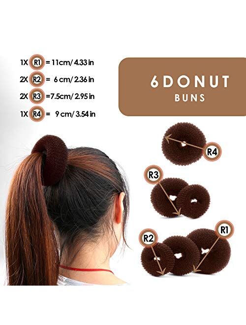 Hair Bun Maker Set - Hair Bun Donut Tools for Women - 6 Donut Bun Makers, 5 Spin Pins, 5 Elastic Bands, 20 Bobby Pins & 1 Hair Comb by Andlane