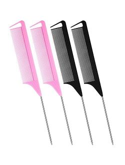 4 Piece Parting Rattail Comb for Braids Carbon Fiber Teasing Combs with Stainless Steel Pintail (Black, Red)