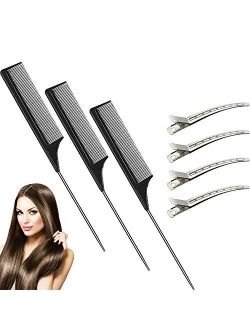 3 Packs Carbon Rat Tail Comb Stainless Steel Pintail Comb Heat Resistant Teasing Comb Metal Alligator Curl Clips (Black)