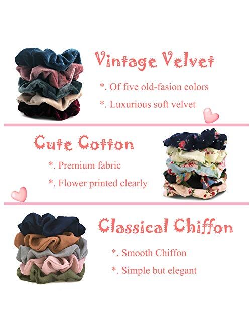 Homerove 15pcs Hair Scrunchies,Velvet,Chiffon,Cotton Elastic Hair Bands,Scrunchy Hair Ties Ropes for Women or Girls Hair Accessories
