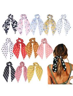 12 Pcs Hair Scarf Hair Scrunchies Chiffon Floral Scrunchie Hair Bands Ponytail Holder Scrunchy Ties 2 in 1 Vintage Accessories for Women Girls