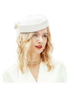 Straw Fascinator Vintage Hat Bow Veil Pillbox for Wedding Tea Party 20s 50s Headwear