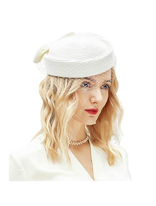 F FADVES Straw Fascinator Vintage Hat Bow Veil Pillbox for Wedding Tea Party 20s 50s Headwear
