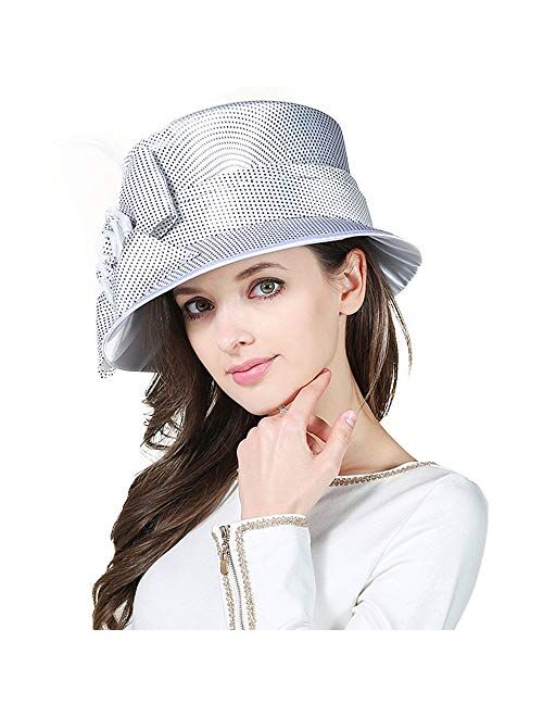 F FADVES Womens Dress Satin Church Derby Cloche Hat Party Wedding Dressy Bucket Hat