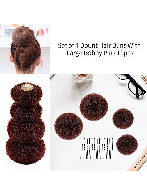 Donut Bun Maker,MORGLES Hair Bun Donut 4pcs Hair Bun Maker Brown With Large Bobby Pins Black 10pcs