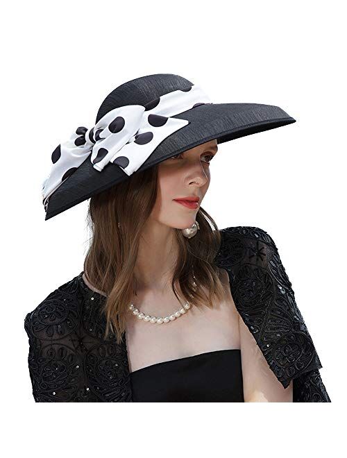 F FADVES Women's Hats Kentucky Derby Large Wide Brim Polka Dot Wedding Hat Bow Fedora Floppy
