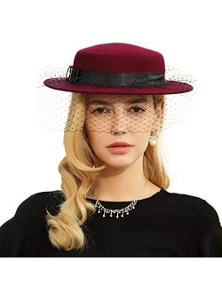 Women's Wool Felt Fedora Boater Hat Wide Brim Church Party British Winter Hats with Veil