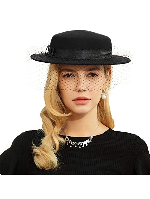 F FADVES Women's Wool Felt Fedora Boater Hat Wide Brim Church Party British Winter Hats with Veil