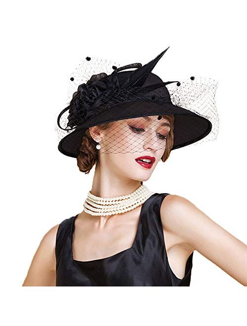 F FADVES Elegant Sinamay Sun Hat Veil Fascinator Wide Brim Tea Party Wedding Event Hat