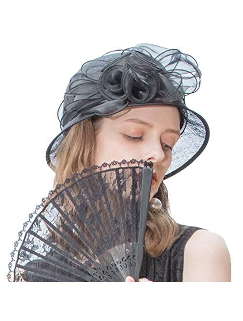 F FADVES Women Dress Church Cloche Hat Flower Fascinator Bridal Bucket Wedding Hats