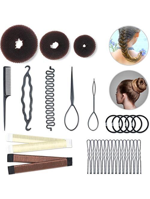Hair Styling Set Hair Braid Tool 3 Pieces Donut Hair Bun Tool 2 Pieces French Magic Twist Hairstyle Clip Rollers 15 Pieces U-shaped Hair Pins 5 Pieces Hair Ropes for Wome