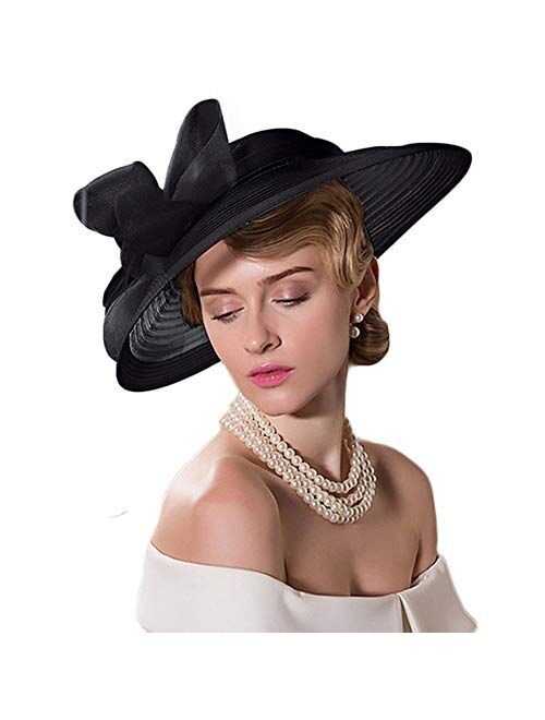 F Fadves FADVES Women Wide Brim Dressy Hat Elegant Kentucky Derby Tea Party Wedding Fascinator Hat